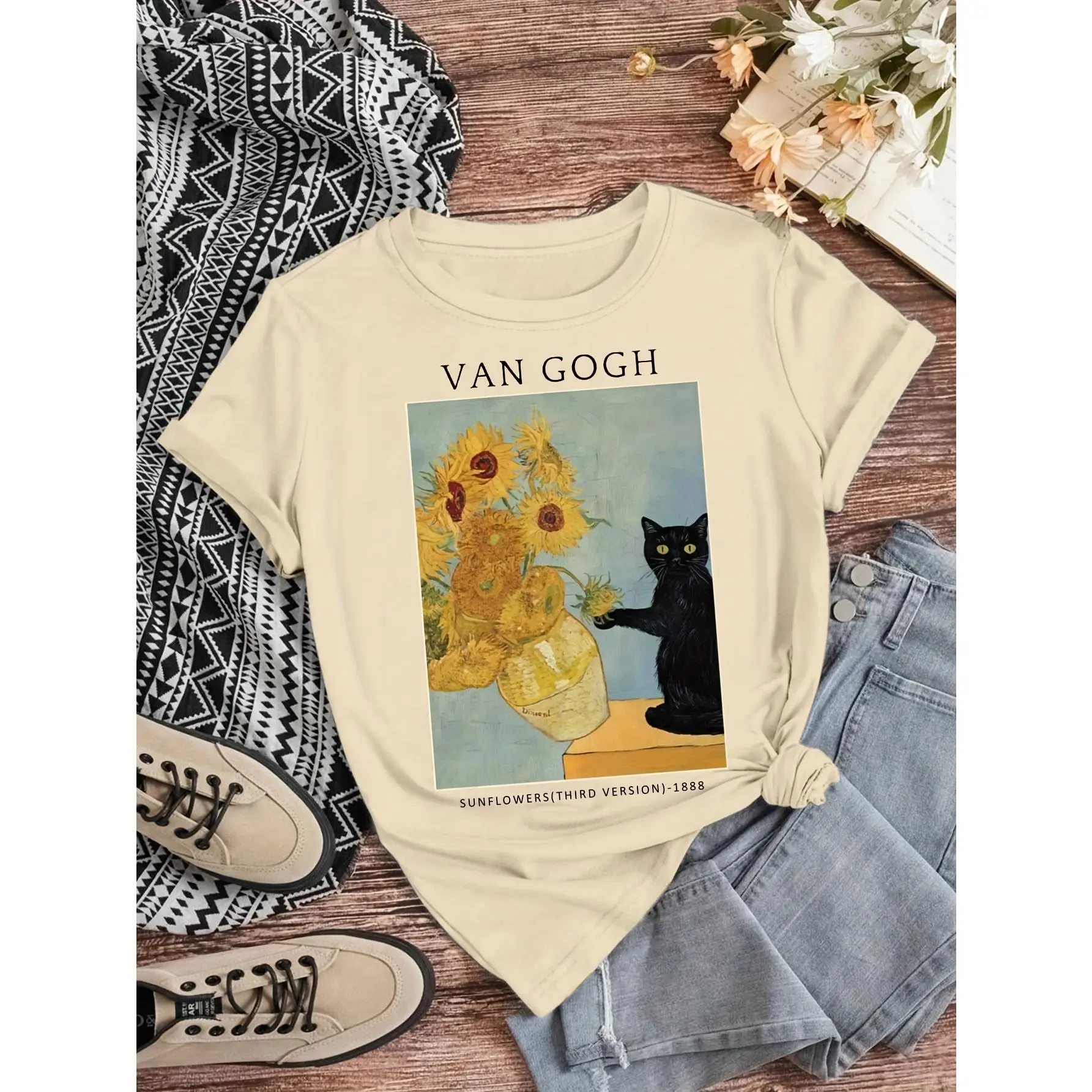 2026 Fashion New Style Cat Vintage Oil Painting Sunflower Pattern Casual Party Women'S Khaki T-Shirt