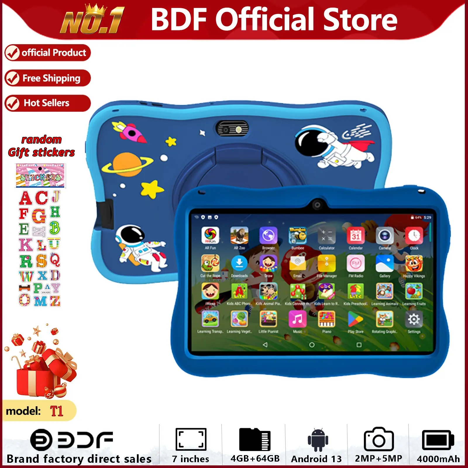 Learning Tablet, Android Tablets, 4GB RAM 64GB ROM, 7-Inch IPS Screen, Android 13, 4000mah Battery, WiFi Gaming, Includes Accessories