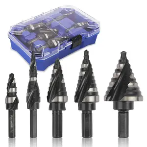Step Drill Bits Set, 5 count High Speed Steel Step Drill Bit for Sheet Metal, 50 Step Sizes Hole Drilling, Double Flute  , Nitride Black Coating and Polished, Storage Box