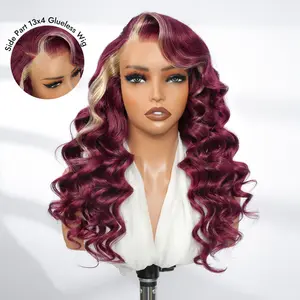 [NEW IN] West Kiss Burgundy With Blonde Side Part Human Hair Wigs Glueless Body Wave 13x4 Lace Frontal Wig Pre Plucked Natural Hairline