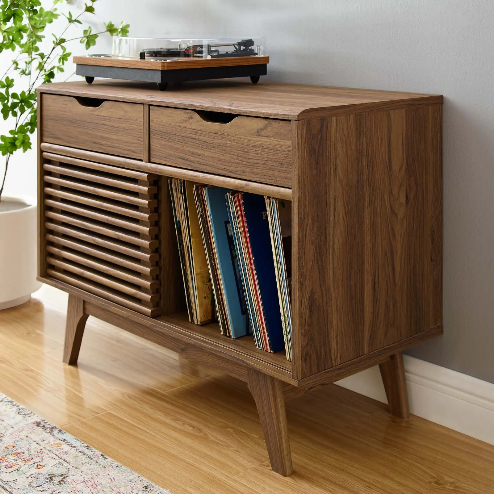 Modway Vinyl Record Display Stand Set, Walnut Wood Organiser with Durable Frame and Racks, Indoor Furniture Cupboard Accessory, Metal