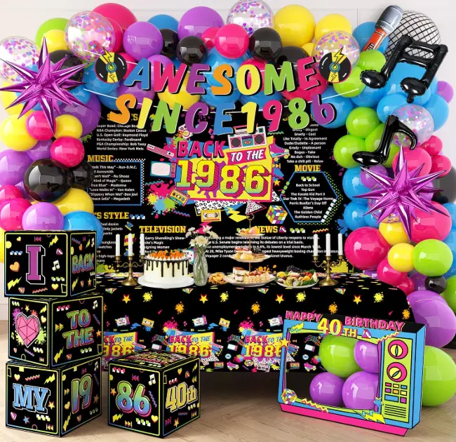 Waterproof 40th Happy Birthday Retro 1986 Themed Party Supplies Complete Kit for Men - Polyester Backdrop, Tablecloth, Banner, Balloons, Photo Booth Props Gifts, Vintage Theme