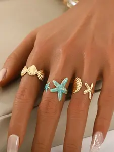 Ocean Style Starfish & Shell Open Ring Set for Women, Blue Starfish Adjustable Rings, Seashell Wave Design, Beach Vacation Jewelry