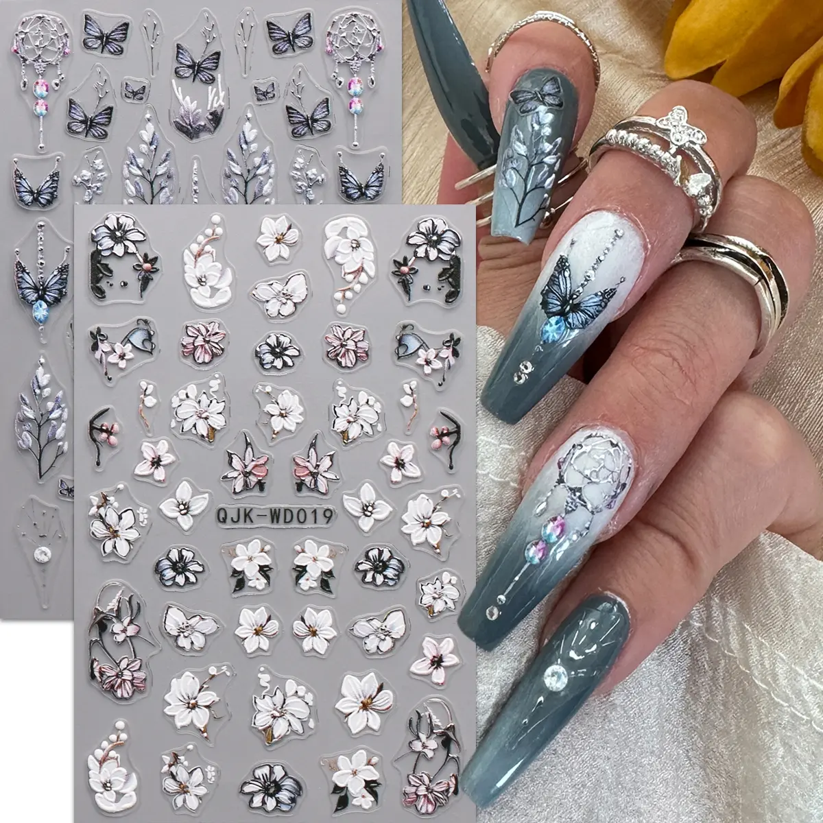 2 Pcs Dark Butterfly Embossed Nail Stickers, Nail Art Sheet, Plant Flower Print, Gradient Design, Women's Nail Art, 3D Matte Finish, DIY Party Decorations, Butterfly Nails