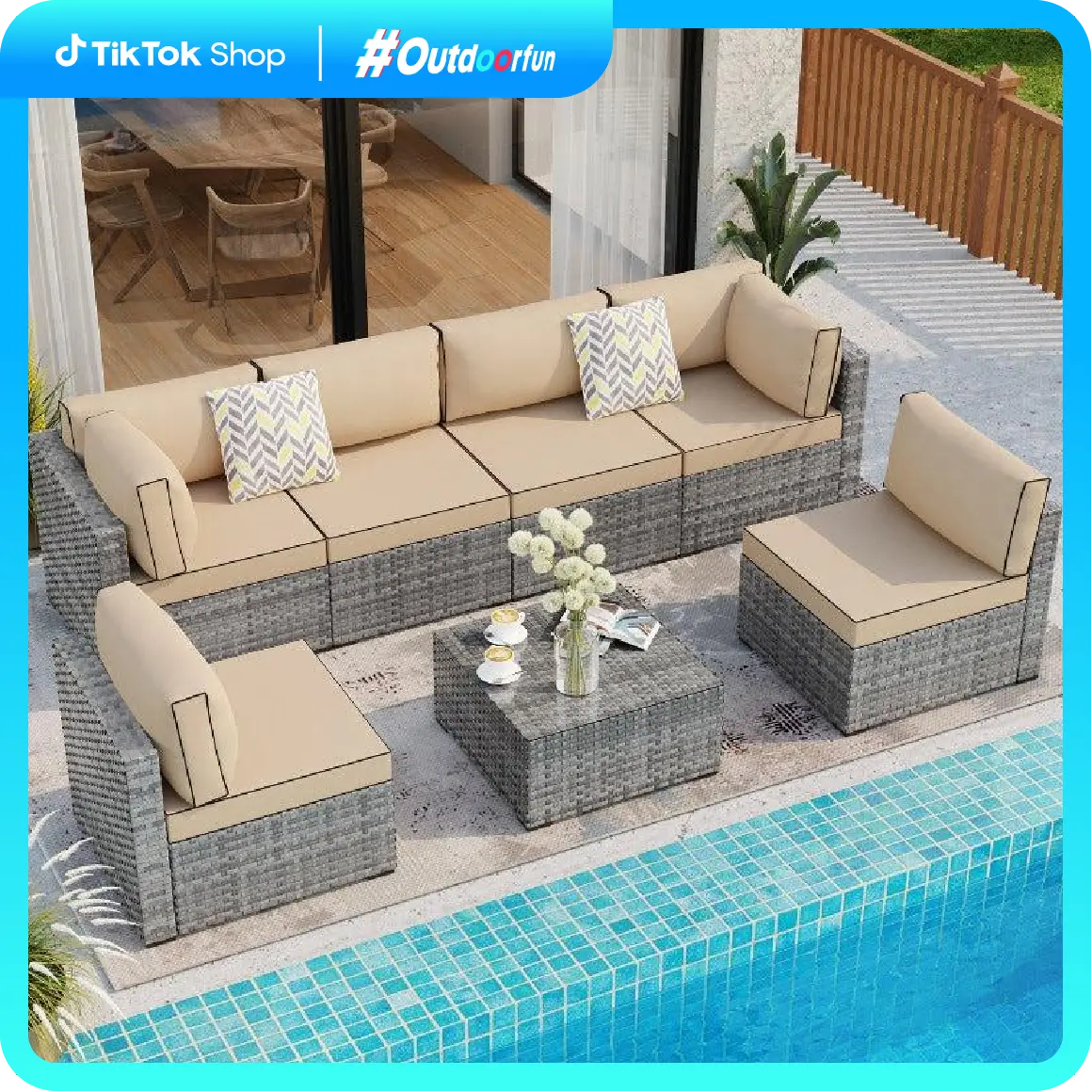 [2 Packages Shipping] 7-Piece Modern Patio Set, Outdoor Rattan Wicker Furniture Set, Bistro Style Conversation Sofa Chairs for Pool, Backyard (Silver Gray), Outdoor Furniture Set