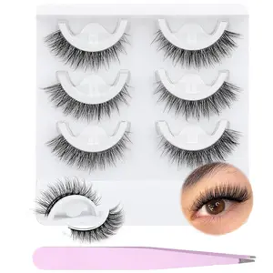 Self Adhesive Eyelashes 3 Pairs Pack, No Glue Needed False Lashes Natural Look Wispy Lash Extensions, Reusable Self-Stick Eye Lashes with Tweezer