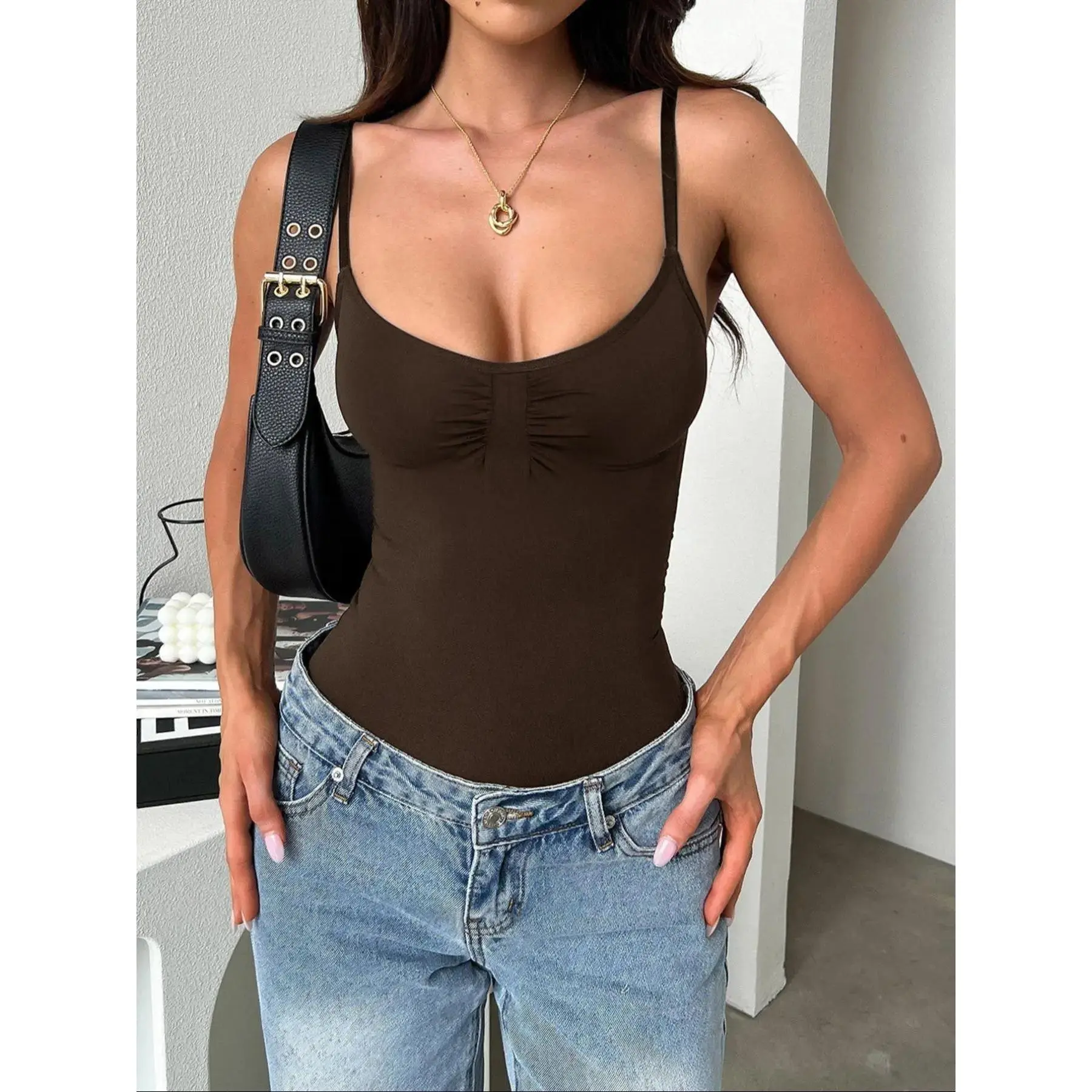 Women's Basic Solid Color Stretchy Cami Bodysuit - Tummy Tuck Tummy Control Sleeveless Clothing for Daily Wear, All-Season Ladies' Outfit Set, Tummy Tuck Bodysuit