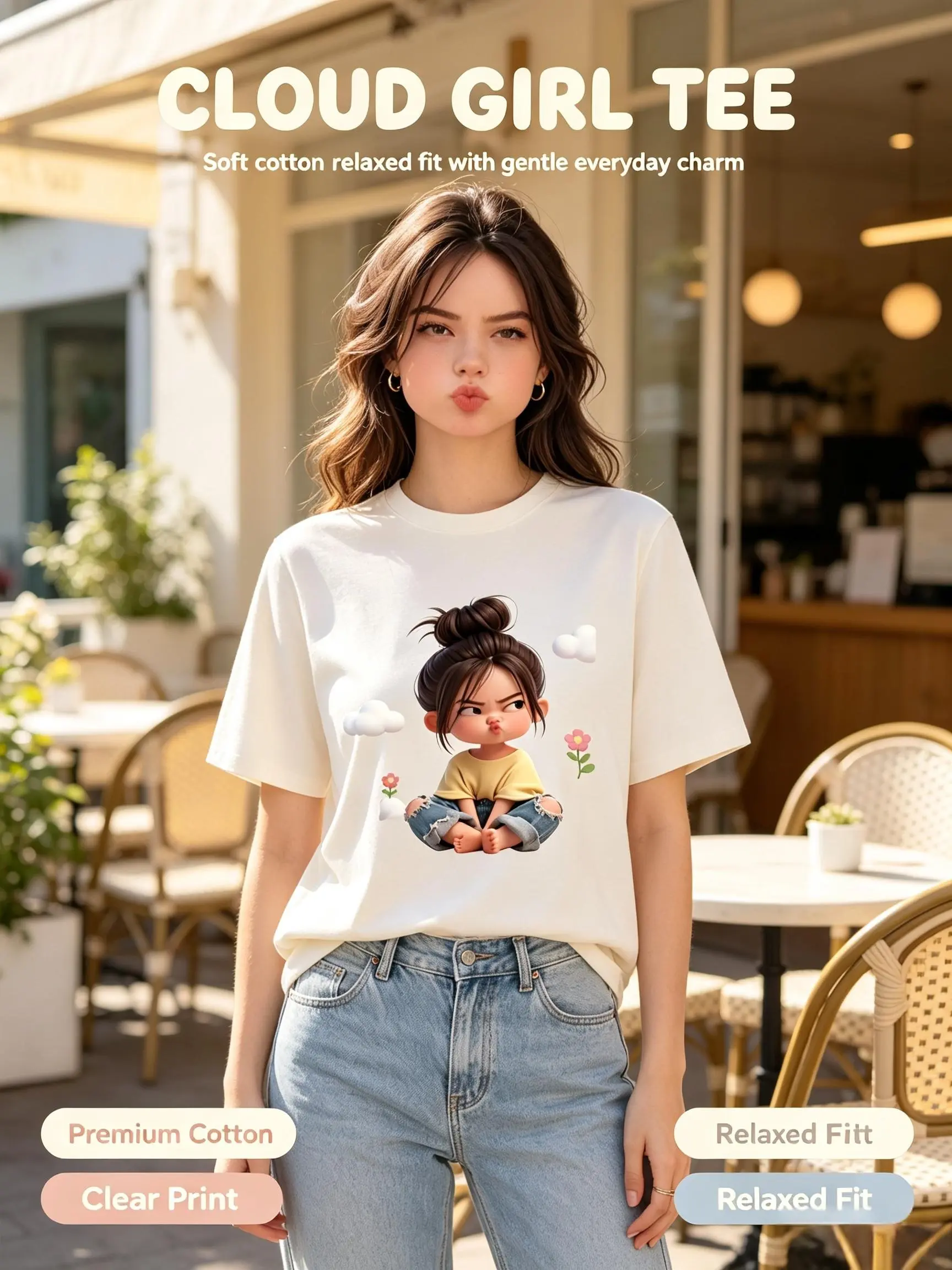Women's Premium Cotton Cartoon Girl & Clouds Graphic T-Shirt - Short Sleeve Crewneck, Fitted, Elastic, Comfortable, Blush Pink Aesthetic, Lady Casual Girly Tops, Valentine's Day Colorful Cartoon Style Beach Tee