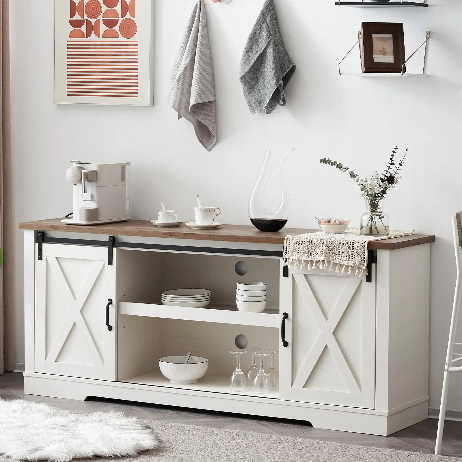 VanAcc 66" Farmhouse TV stand for 75 Inches TVs, Entertainment Center with Sliding Barn Door and Adjustable Shelf & Feet, Console Table with Storage