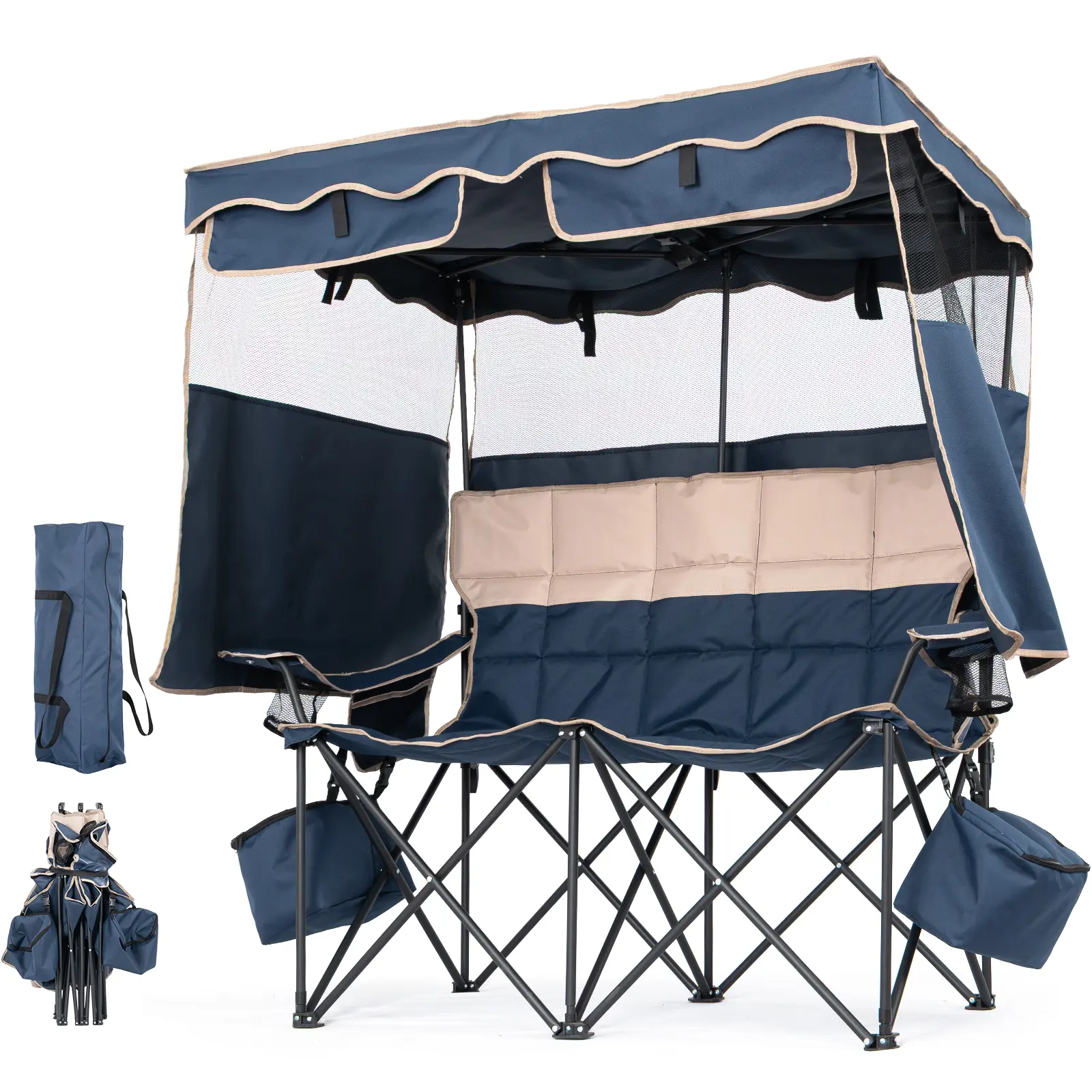 ABORON XXL Double Camping Chair with Shade Canopy, Fully Padded Folding Camping Loveseat , Oversized Camping Bench Lawn Chairs Patio Lounge Chairs for Adults
