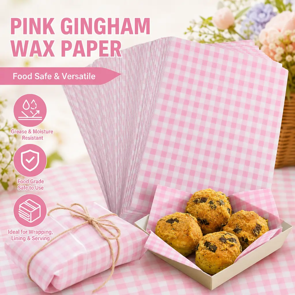 300Pcs Pink Gingham Memorial Day Waxed Deli Paper Sheets, 7×7 in Greaseproof Waterproof Microwave-Safe Moisture-Lock Kitchen Bakeware Liners, Disposable Baking Accessories for Sandwiches, Burgers (Home Baking Supplies Included)