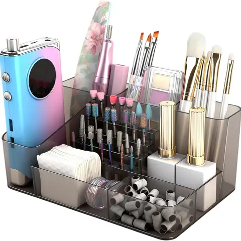 Flybok 28-Hole Acrylic Tool Storage Box - Multi-Layer, 3 Small Tool Slots, Nail Drill Stand, Makeup Organizer (Nail Drill Machine & Bits Not Included), 3 Smalltool Slots