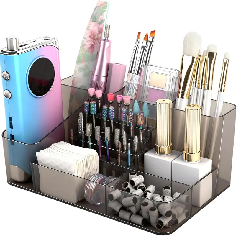 Flybok 28-Hole Acrylic Tool Storage Box - Multi-Layer, 3 Small Tool Slots, Nail Drill Stand, Makeup Organizer (Nail Drill Machine & Bits Not Included), 3 Smalltool Slots