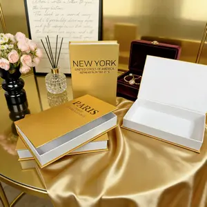 Gold Foil Paper Texture Open Book Magnetic Lid Box, Gift Jewelry Box, Stackable Coffee Table Decorative Storage, Holds Remote Control Keys Jewelry