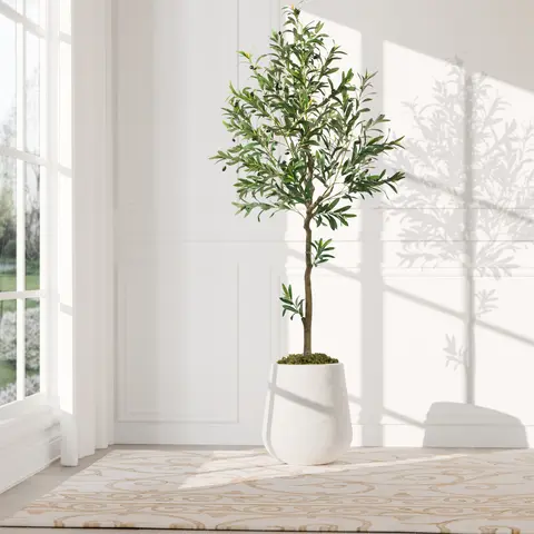 VITALISMO Realistic Artificial Olive Tree - 6/7/8 Ft Tall Fake Plastic Potted Fruit Decor, 6ft Size with 863 Leaves & 36 Fruits, Aesthetic Home Room Decor Accessories (Artificial Trees, Plastic Plants),home decor