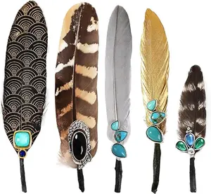 Hat Feathers 5PCS for Cowboy Real Feathers with 3D Decoration for Women Men DIY Fedora,Cigar hat, and Western Hats, Christmas Party, Oktoberfest, Trilby Hats