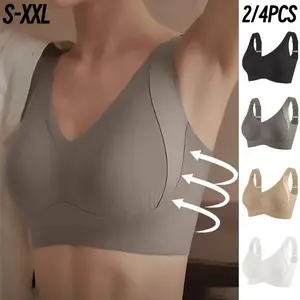 EssElegance 2/4PCS Ribbed Push-Up Seamless Bra Set Soft Comfortable - Solid Four-breasted Adjustable Straps & Wire-Free Support for Daily Wear, Ultra-Soft Breathable Fabric,Bralette for women Full Coverage