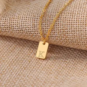 Square Letter Pendant Necklace Stainless Steel 26 English Letter Necklaces for Men and Women
