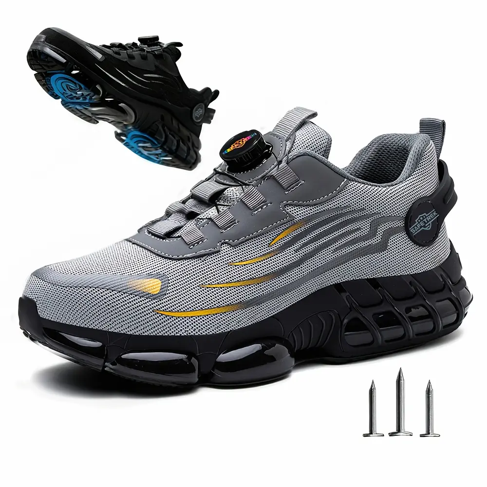 Breathable Steel Toe Safety Shoes - Puncture Proof, Rotating Buckle, Non Slip, Durable Work Shoes With Fabric Inner, Rubber Sole For Daily Casual Wear In Spring & Summer & Autumn & Winter