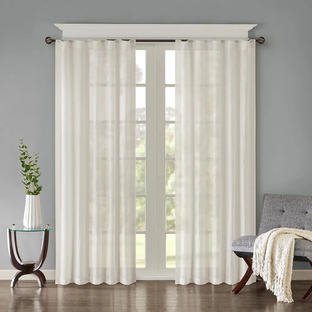 Solid Crushed Curtain Panel Pair 2-Piece Window Panels, Lightweight Sheer Polyester, Rod Pocket & Back Tab, Easy Care, White, 42" Wide, Living Room Bedroom, Ready to Hang