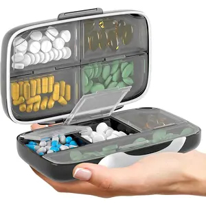 Travel Pill Organizer - Airtight Medicine Case for Traveling Portable Pharmacy Box with Labels Vitamin Container 8 Compartment Supplement Medication Holder Large Capacity Daily (Black) sports outdoor
