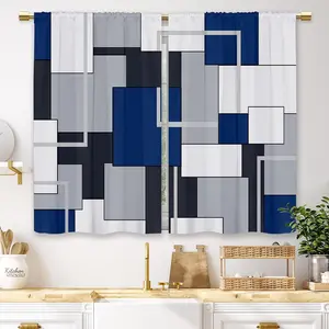 Navy Blue Geometric Kitchen Curtains |   Modern Abstract Checkered Small Short Cafe Window Drapes, Black Grey White, 28x40 Inch, Art Deco Style, Polyester Peach Skin Velvet, Light-filtering, Rod Pocket casual home decor party decoration high ceiling