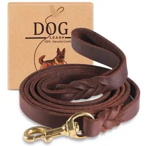 Leather  Leash 4ft, Heavy Duty   Leashs for Large, Medium and Small Dogs, Soft and   Braided Handmade Long Lead Leash for  , Brown