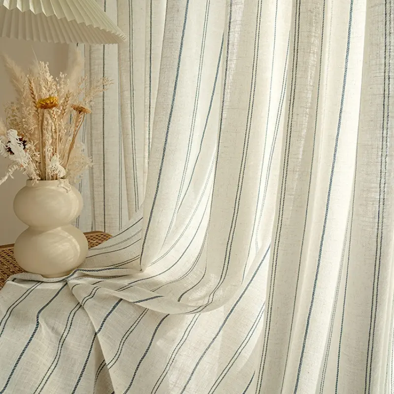 Modern Natural Linen Curtains, Home Decorative Curtain, Light-Filtering Jacquard Drapes, Ring-Hole Design, Perfect for Living Room & Bedroom Decor