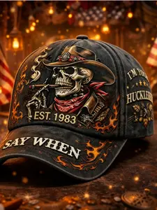 Say When I'm Your Huckleberry Baseball Hat, Vintage Washed Flame Print, Men's Western Theme Motorcycle Outdoor Cap, Loose-Fit Casual Style