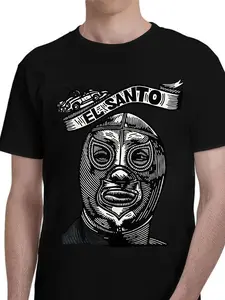 Saint El Santo Mexican Wrestling Retro Print T-Shirt, Soft Casual Long Sleeve Top, Comfortable Streetwear for Daily Wear & Home Relaxation