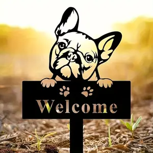 French Bulldog Memorial Welcome Sign, 13 Inch Iron Outdoor Garden Stake, Rust Resistant Weatherproof, Durable Yard Decoration