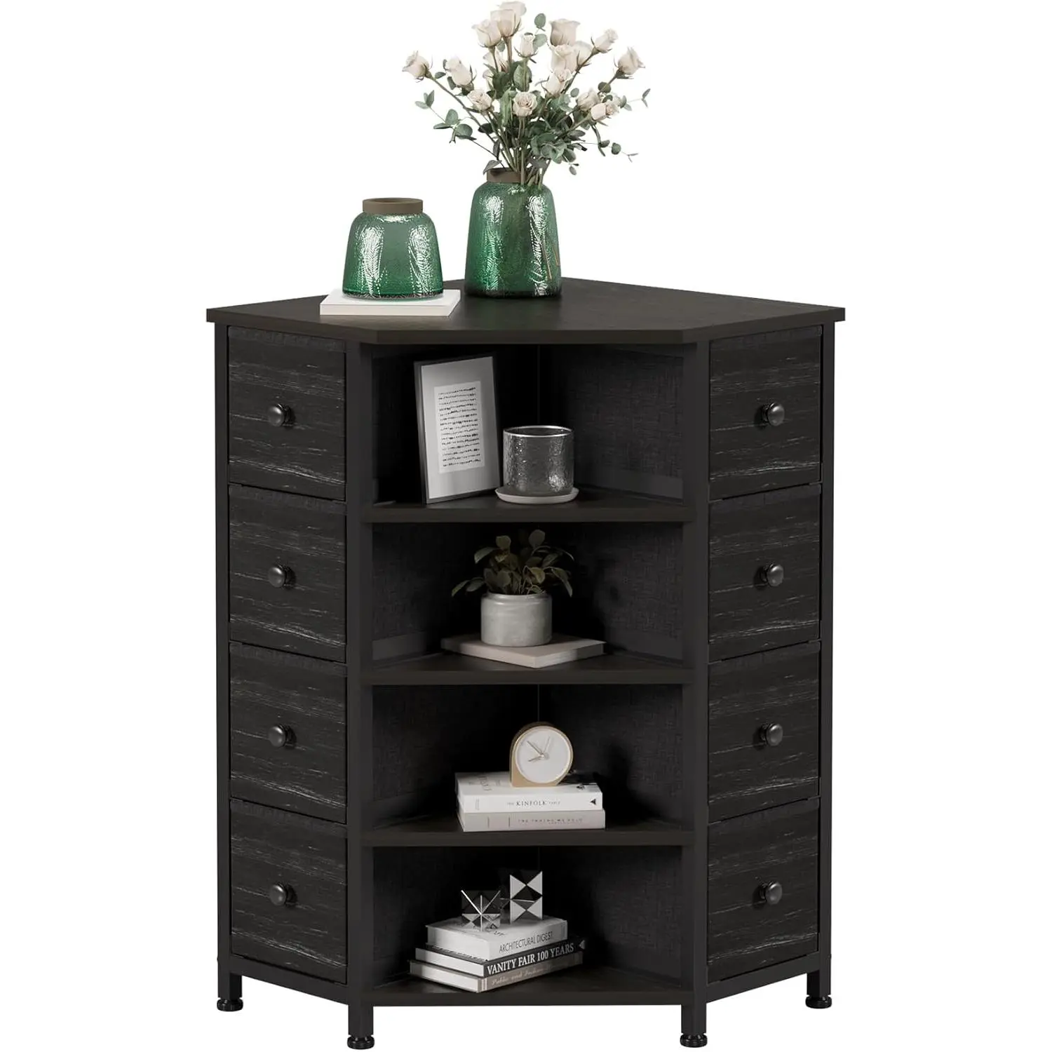 8 Drawers Corner Dresser with Storage Fabric Drawers and Open Shelves for Small SpaceBedroomEntrywayLiving Room (Black  Veins)