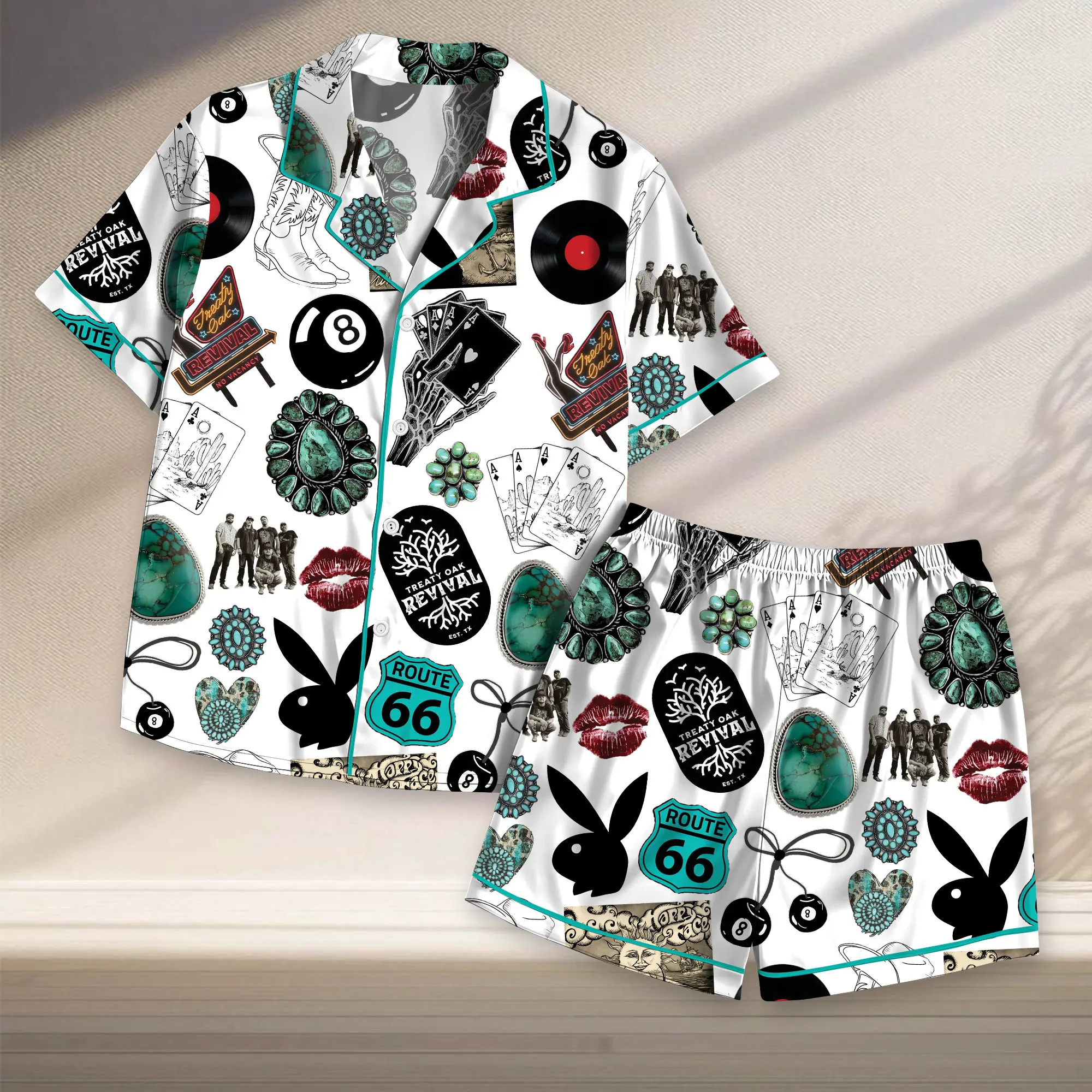 Vintage Western Route 66 Pajama Set, Retro Music & Cards Print, Western Cowgirl & Cowboy Sleepwear, Fun Playful PJs, Route 66 Adventure PJs, Unique Western Lifestyle Pajamas, Cowboy Culture Inspired Sleepwear