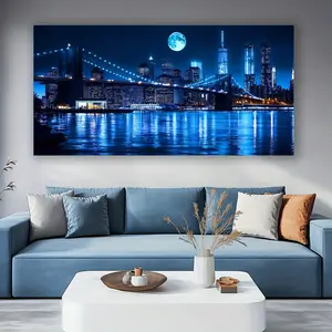 2D Flat Contemporary Art Deco Depiction of The New York City Skyline Featuring a Dark Blue And Black Night Scene, Showcasing One World Trade Center And The Brooklyn Bridge. This Large Horizontal Canvas Print Is Framed And Suitable