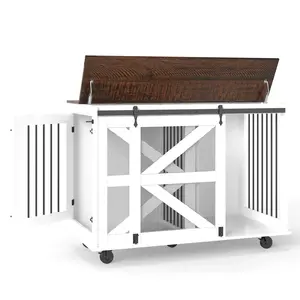 47.2*23.6*34.8 Inch Brown‑White Farmhouse Dog Crate Furniture, Wooden Kennel with Wheels, Removable Divider, Barn Door & Metal Corners for 2 Small Dogs or 1 Large Dog