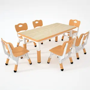Kids Table and 6 Chairs Set，Height Adjustable Children Table & Chair，Toddlers Study Multi-Activity Table with 47.2"x23.6" Wipe-Clean Desktop，for Classrooms, Homes & Daycares , GRAY, BLUE, BROWN