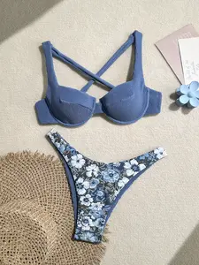 Blue Ribbed Crisscross Push Up Bikini Set, Floral Print Swimsuit, Vintage Summer Beachwear for Women, Trendy Bathing Suit, Swim Sets For Women, Women's Swimsuits,summervibes
