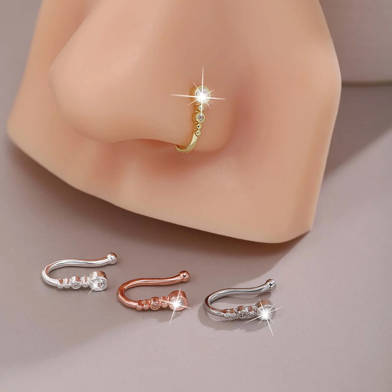 Non-Piercing U-Shaped Fake Nose Ring, Zircon Geometric Round Nose Jewelry for Women, Ideal Gift for Girlfriend, Party Accessory, Fake Piercing