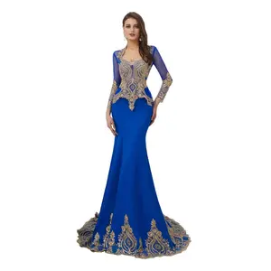 Blue Lace Mermaid Evening Dress with Detachable Train Gown