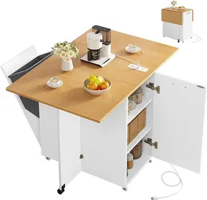 Yitahome Folding Kitchen Island with Power Outlet, Drop Leaf Kitchen Islands Table Long Floating on Wheels w Storage Racks Cabinet
