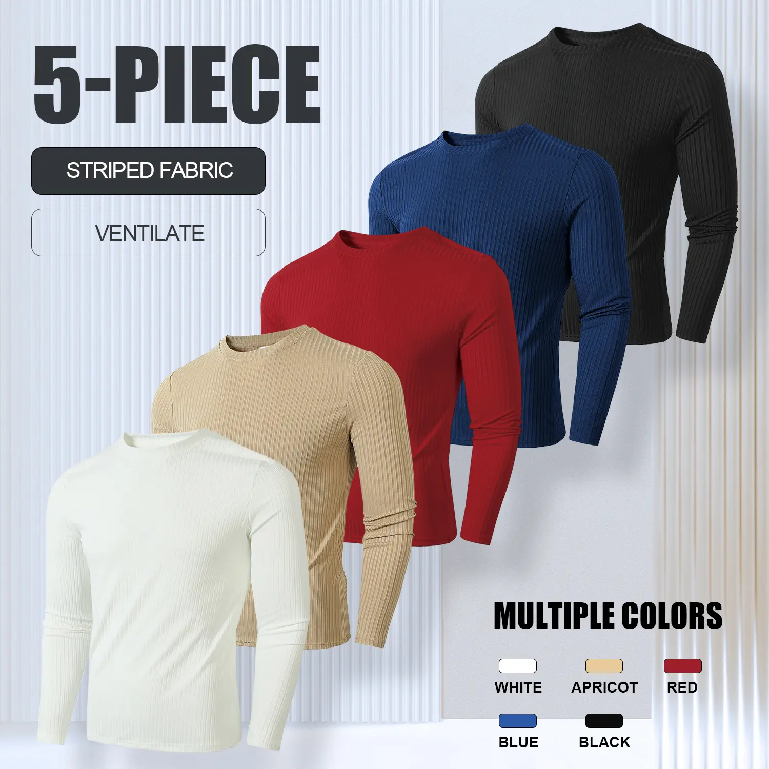 Men's 5-Piece Long Sleeve Thermal Undergarments Tops Set - Round Neck, Casual Menswear, Multi-Size for Back to School (TikTok Shop)