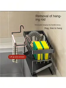 Sponge Holder for Kitchen Sink, Sink Caddy with High Brush Holder, Stainless Steel Dish Sponge Holder (with Divider), Dish Soap Dispenser & Storage Organizer Racks