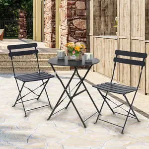 3 Piece Outdoor Bistro Set, Folding Patio Table with 2 Chairs, Water-Resistant Metal Garden Conversation Set for Small Spaces, Balcony, Bistro, Easy Storage, Black