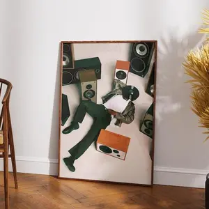 Retro Music Vinyl Poster Wall Art Print - Artistic Single-Sheet Paper Artwork with Black Man, Headphones, Speakers, Hand Photo, Tape for Home Room Decor Supplies