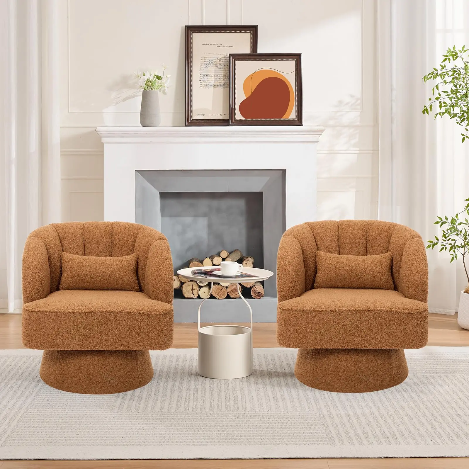 Garvee Swivel Barrel Chair - Teddy Bear Velvet Upholstered Modern Armchair with Striped Backrest & Plush Padding, Round Lounge Chair for Living Room, Bedroom, Small Spaces, Brown - (2 Pcs)