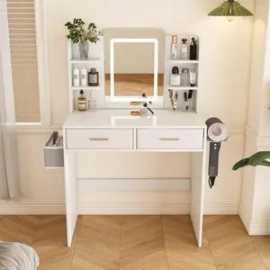 White Makeup Vanity Desk with Lighted Mirror, 2 Storage Drawers, Open Shelves, 3 Lighting Colors, Hair Dryer Stand and Adjustable Brightness