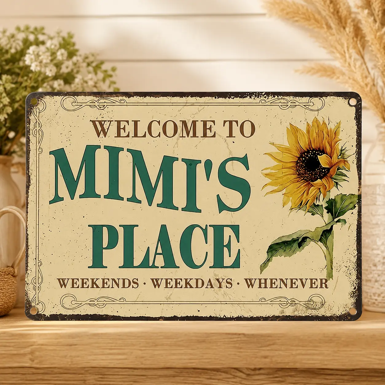 12x8 Inch Lightweight Aluminum Metal Sign - Welcome to Mimi’s Place Sunflower Farmhouse Artwork, Grandma Mimi Gift Plaque, Vintage Rustic Decor for Porch, Entryway, Home