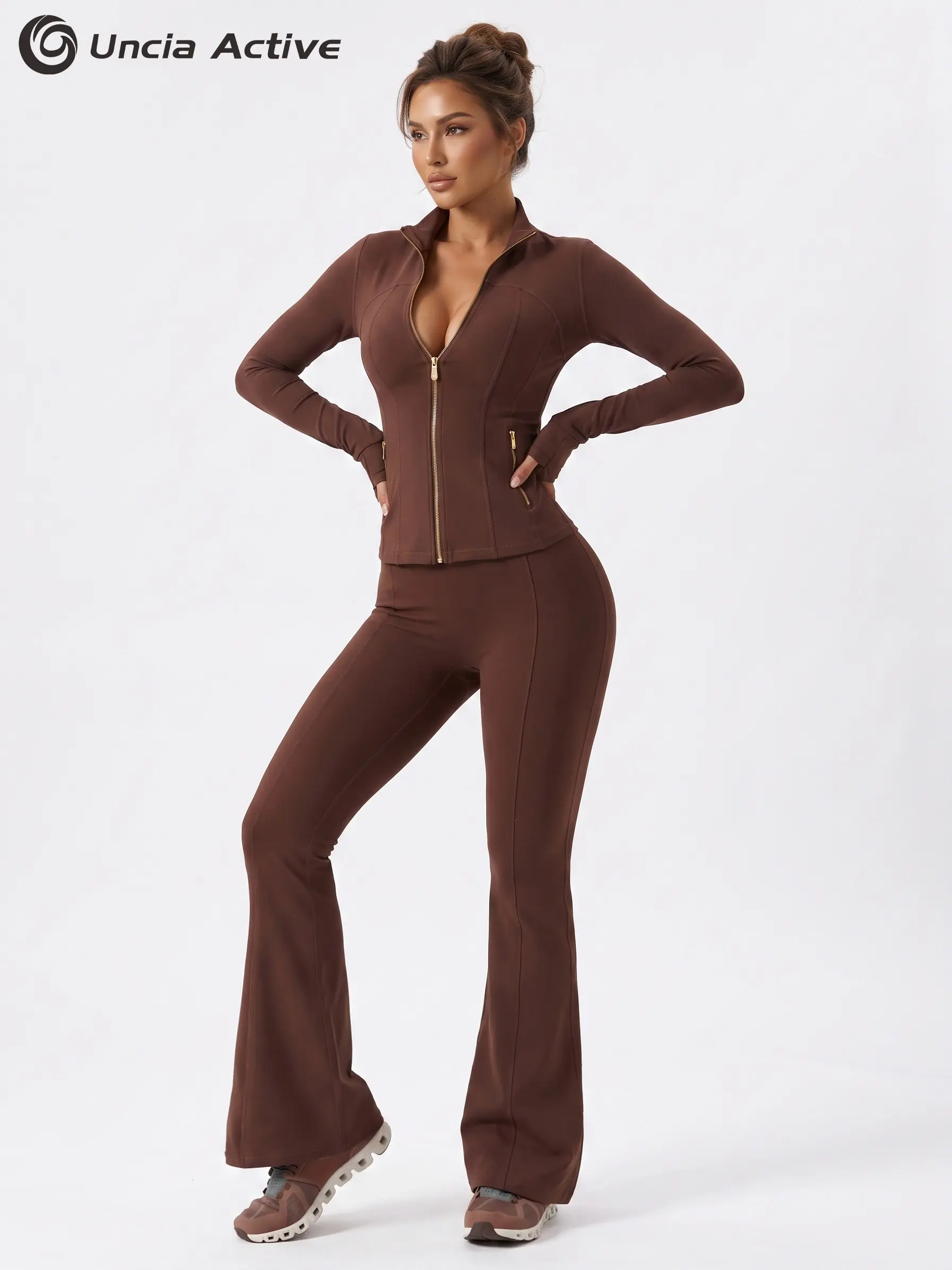 High Stretch Breathable Gold Zipper Workout Jacket Micro Flare Yoga Pants Women Fitness Set