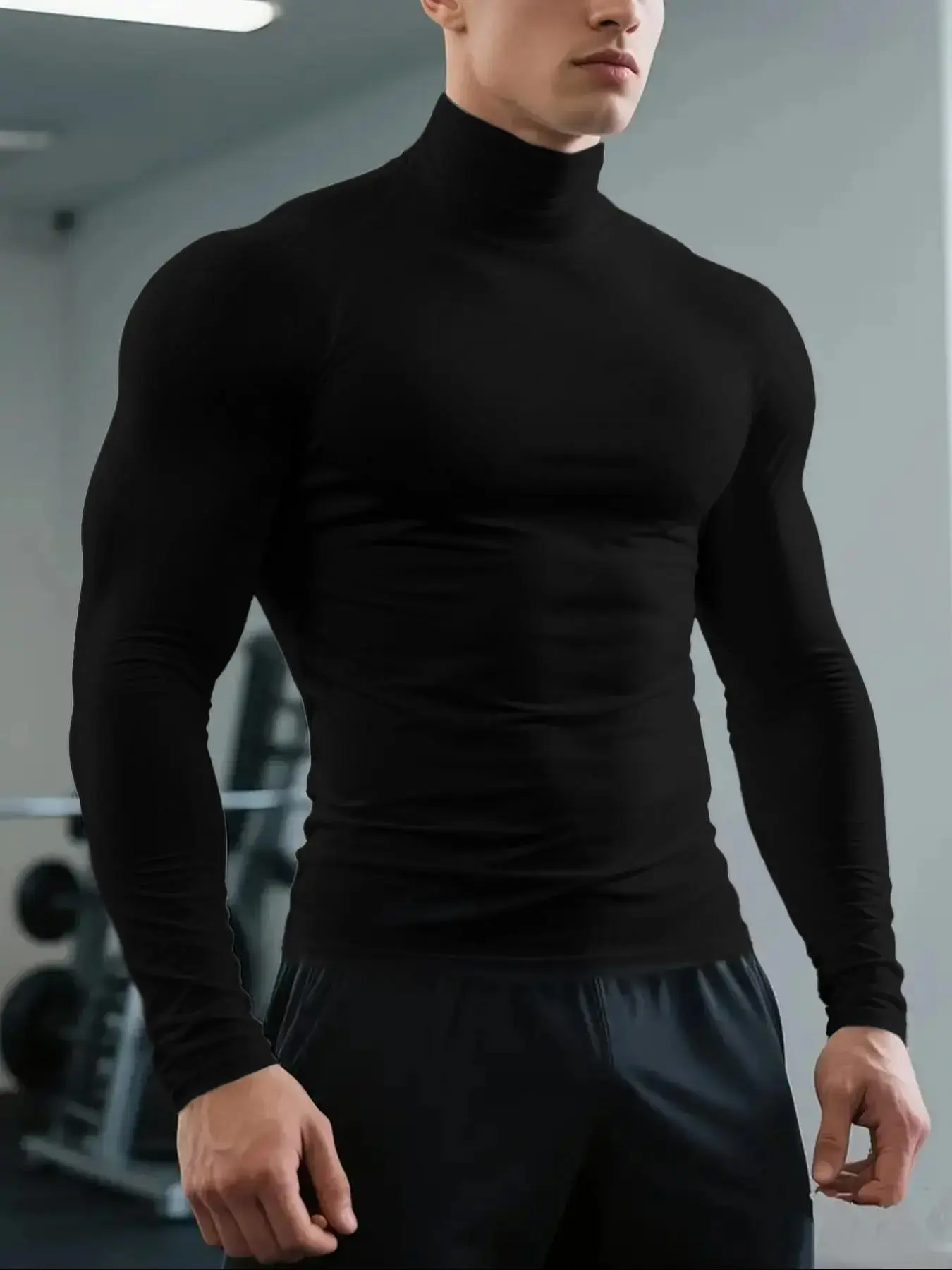 Men's Slim Fit Turtleneck Long Sleeve Gym T-Shirt, Athletic Gym Shirts, Workout Top, Solid Color Sportswear, Quick-Dry Breathable Compression Fabric, Ideal for Gym Sessions, Weightlifting, Fitness Workout Shirt