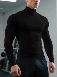 Men's Basic Slim Fit Turtleneck Long Sleeve Gym T-Shirt, Solid Color Sportswear, Minimalist Athletic Streetwear Style, Quick-Dry Breathable Compression Fabric, Ideal for Gym Sessions, Weightlifting, Layering, Perfect for Versatile Wardrobe